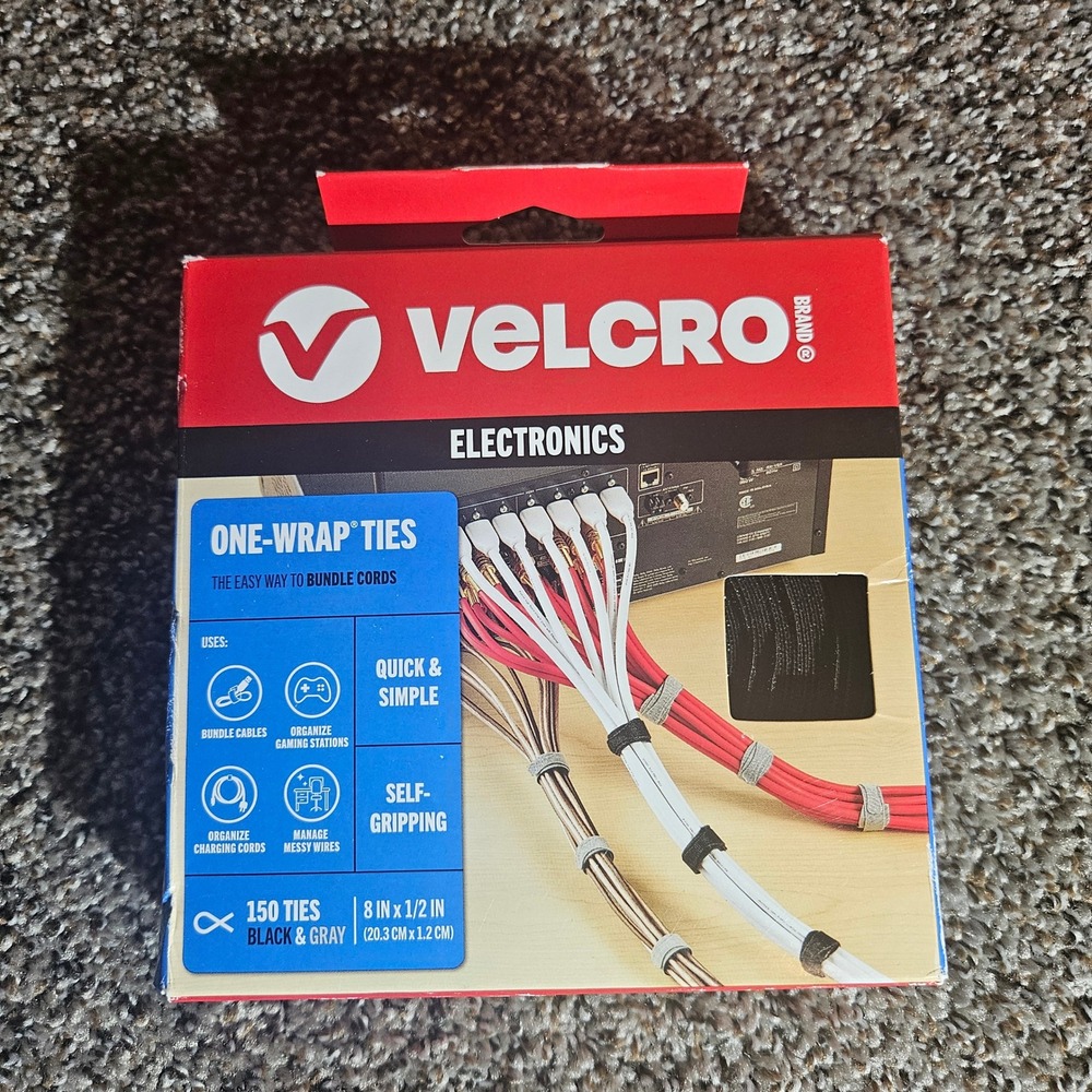 Velcro Brand One-Wrap Ties 150 Count Black & Gray 8in x 1/2in Cable Management